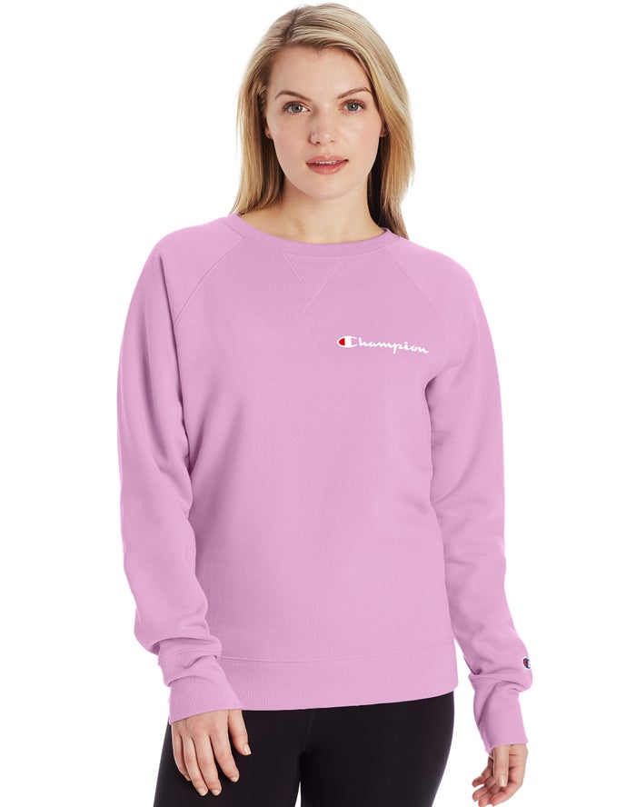 Champion Womens Sweatshirt NZ - Powerblend Fleece Classic Crew Script Logo Pink ( 4167-MISGZ )